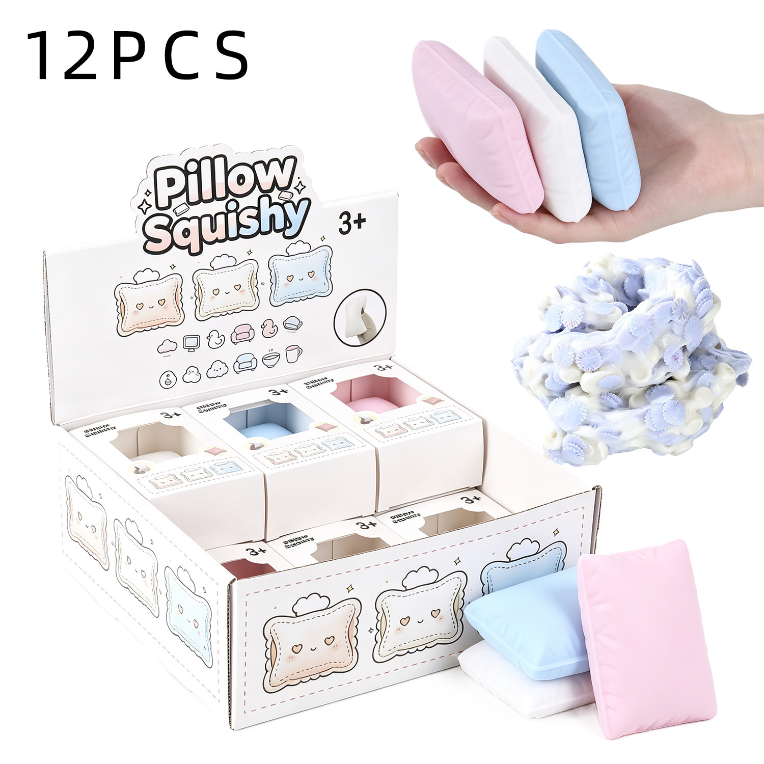 Cute Mini Pillow Shape Squishy Fidget Toy Slow Rebound Stress Relief Squeeze Toy Kids Party Giveaway 12 Pcs Set
