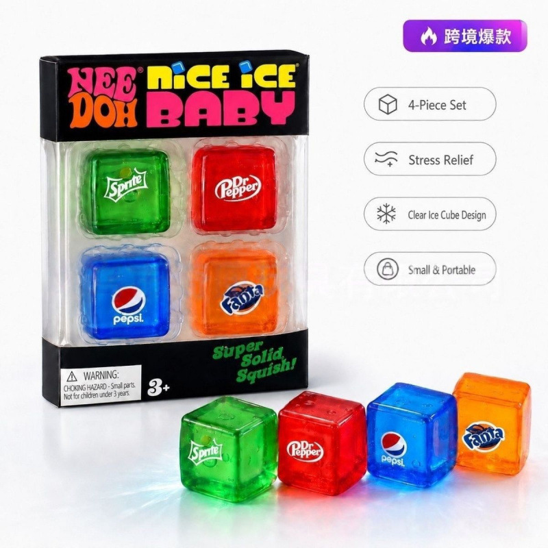 NeeDoh Nice Ice Baby Ice Cube Squeeze Toy 4 Pack Soda Drink Theme Clear Ice Cube Squishy Super Solid Squish Stress Relief Sensory Fidget Toy