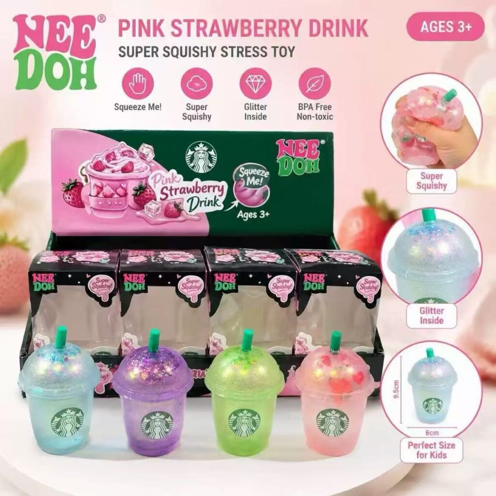 Glitter Filled Drink Cup Squishy Toy Strawberry Milk Tea Cup Squeeze Toy Super Squishy Stress Relief Sensory Fidget Toy for Kids Adults