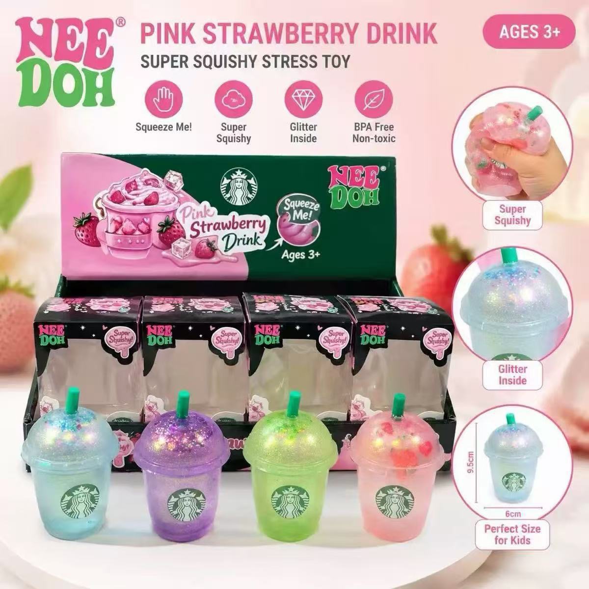 Glitter Filled Drink Cup Squishy Toy Strawberry Milk Tea Cup Squeeze Toy Super Squishy Stress Relief Sensory Fidget Toy for Kids Adults