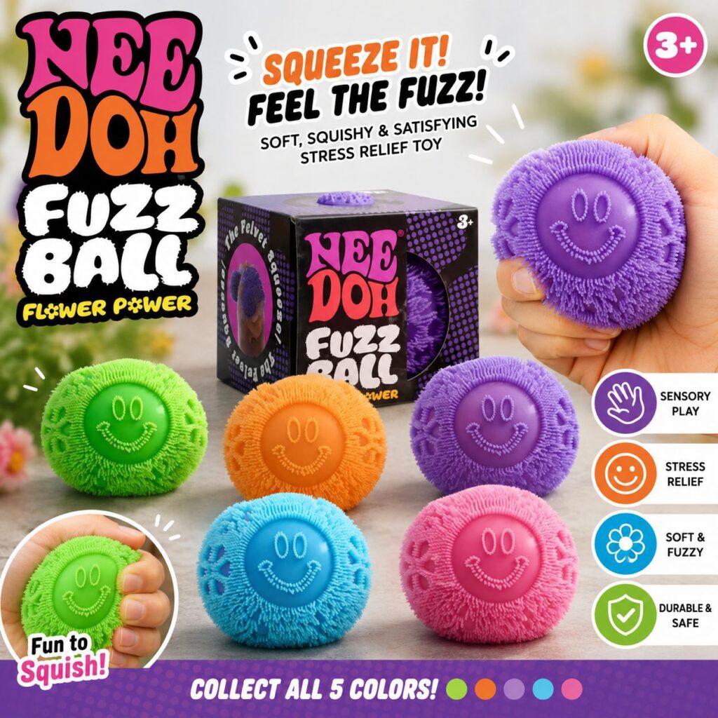 NeeDoh Fuzz Ball Flower Power Smiley Face Fuzzy Squeeze Toy Soft Spiky Sensory Fidget Stress Relief Ball Collectible Toy for Kids Adults