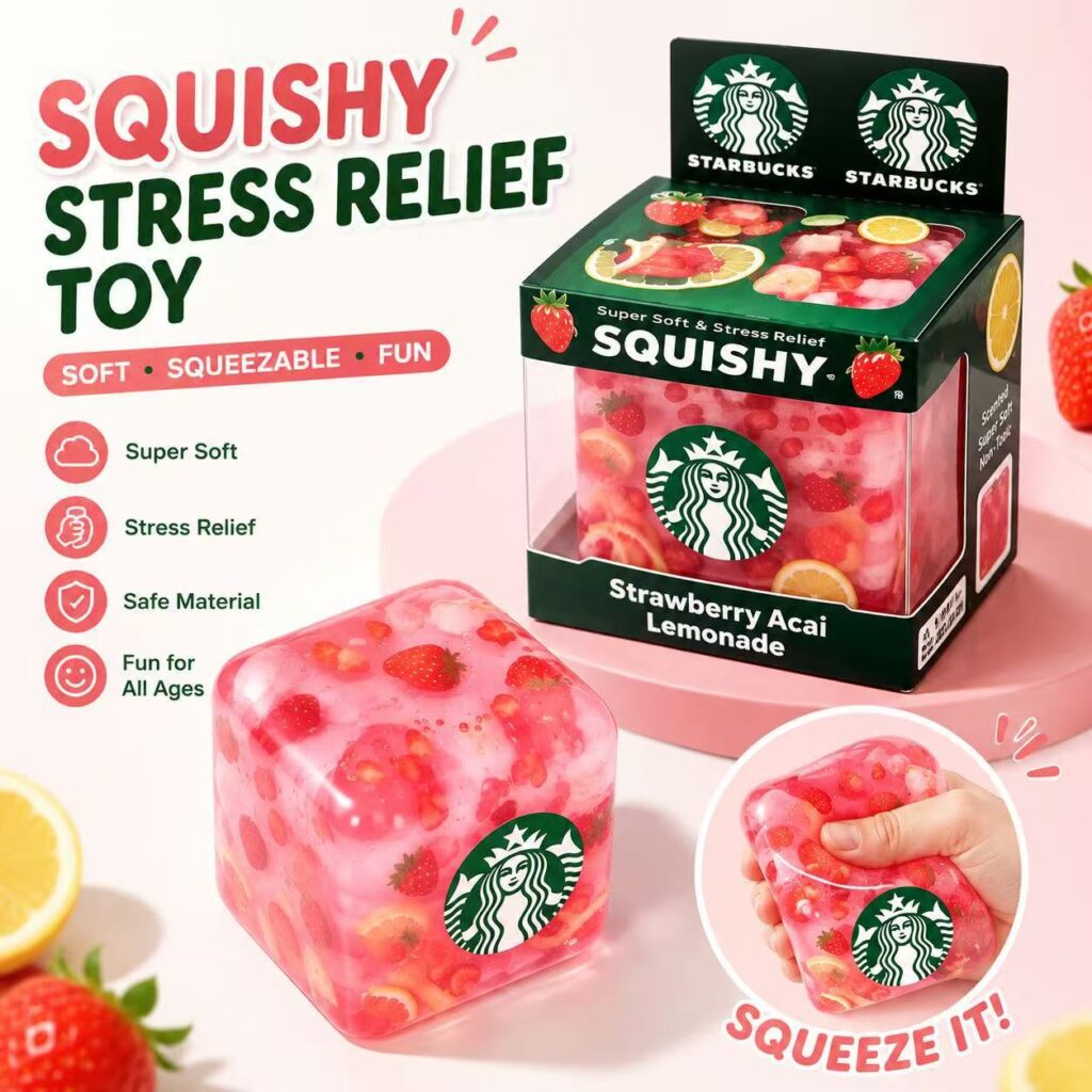 Starbucks Cube Water Bead Squishy Toy Simulated Strawberry Lemonade Drink Squeeze Fidget Toy Transparent Gel Stress Relief Sensory Toy for Kids Adults