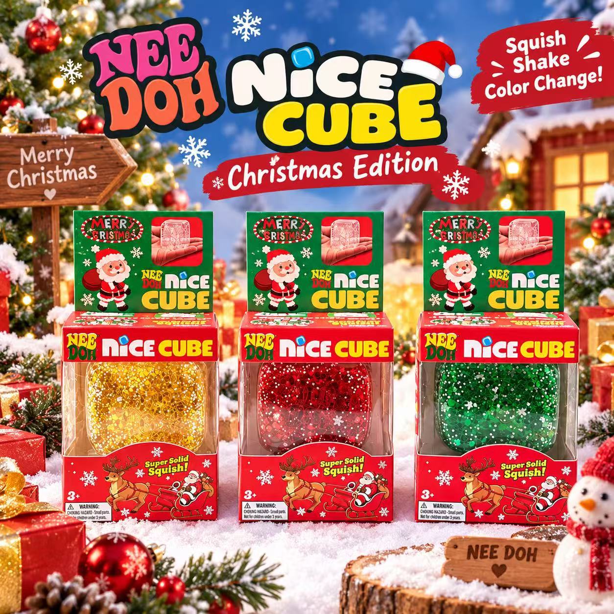 Christmas NeeDoh Nice Cube Glitter Squish Toy Super Solid Squish Squeeze Sensory Fidget Toy Xmas Holiday Gift for Kids Adults