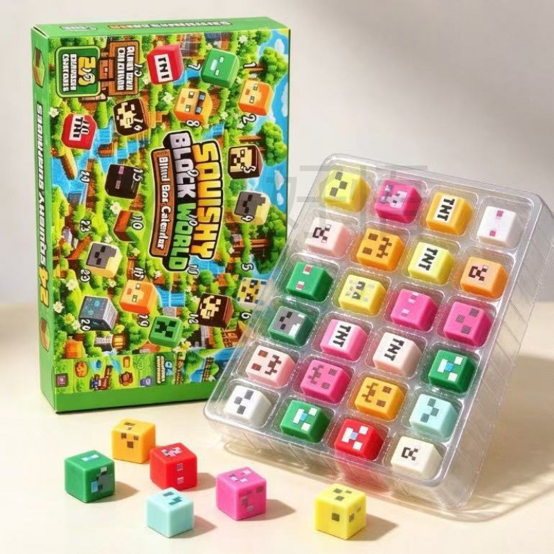 24 Days Minecraft Block Squishy Advent Calendar Blind Box, Slow Rising TPR Squeeze Fidget Cube Toy, Stress Relief Sensory Surprise Countdown Gift Set for Kids Party Favor