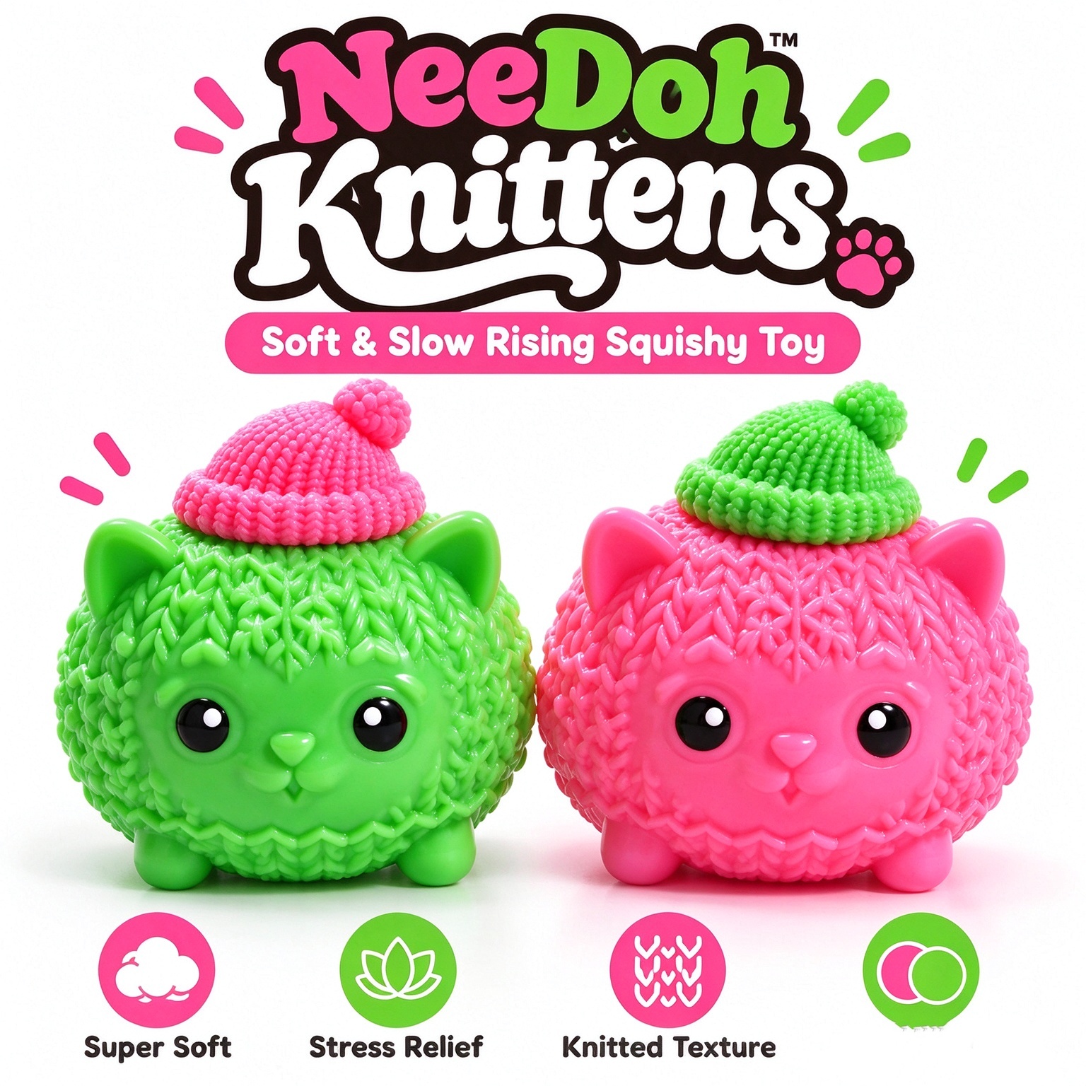 NeeDoh Knittens Soft Slow Rising Squishy Fidget Toy Knitted Texture Stress Relief Squeeze Kitten Sensory Toy For Kids