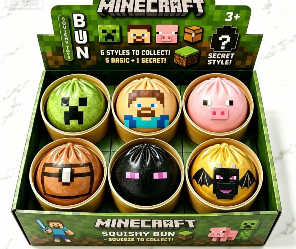Minecraft Themed Squishy Bun Toy 6 Styles Collectible Blind Box Steamed Bun Squeeze Fidget Toy With Secret Character