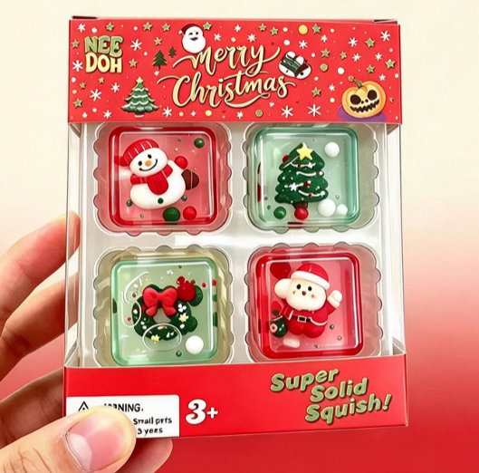 Needoh Christmas Squishy Set 4 Pack Cute Snowman Santa Xmas Tree Wreath Stress Relief Fidget Toys Holiday Gift for Kids