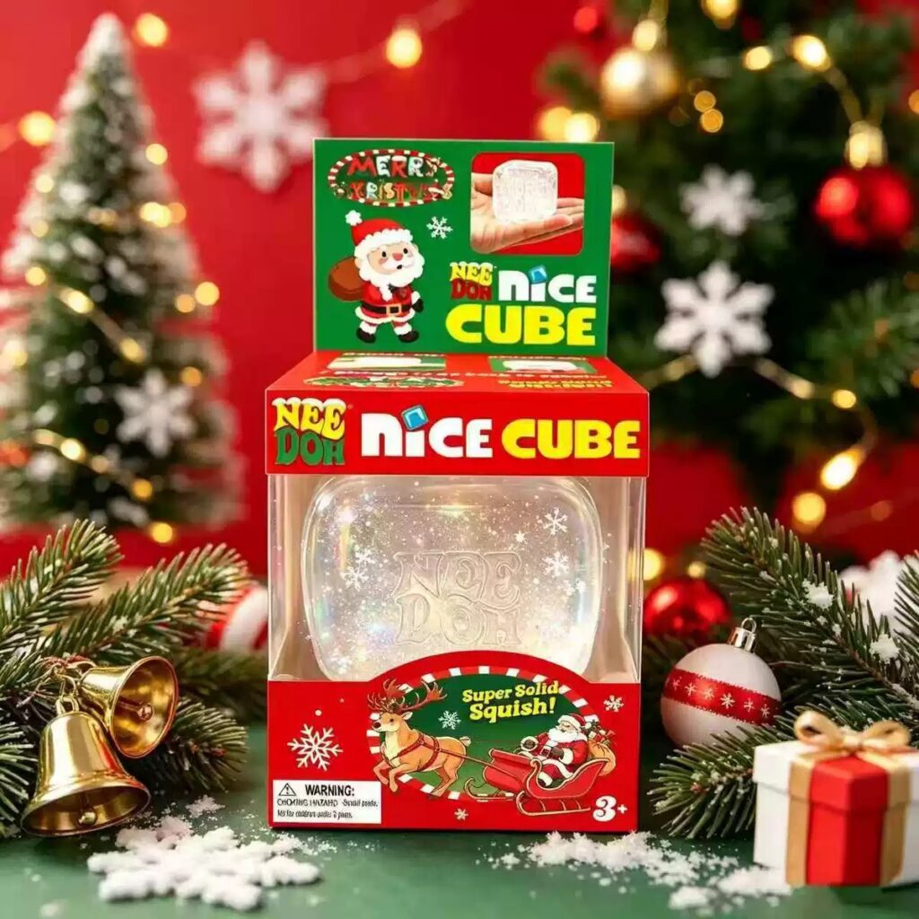 Needoh Xmas Glitter Cube Squeeze Fidget Toy, Transparent Snowflake Gel Square Squish Toy, Christmas Sensory Stress Relief Holiday Gift