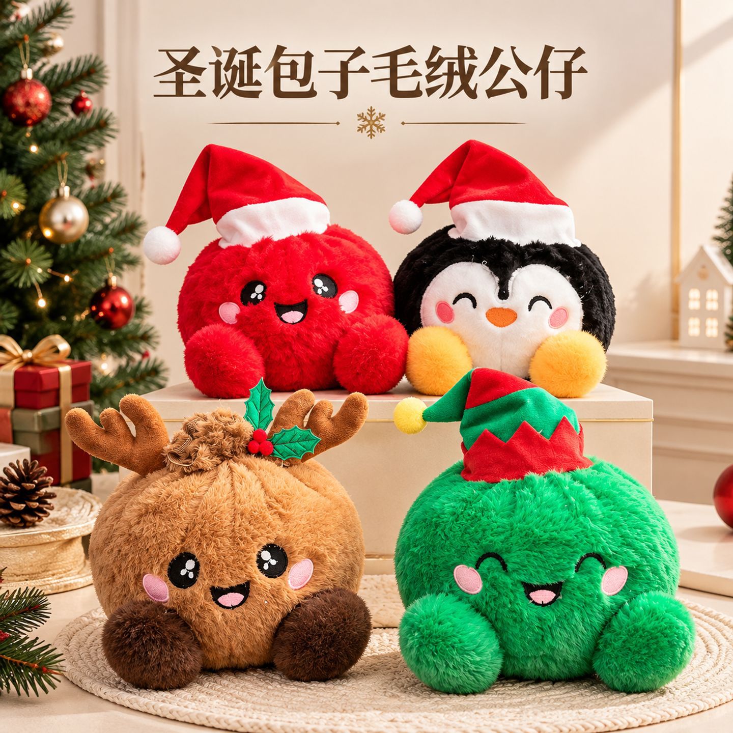 Christmas Round Plush Toy, Cute Cartoon Santa Penguin Reindeer Elf Stuffed Doll, Soft Holiday Throw Pillow Xmas Gift for Kids