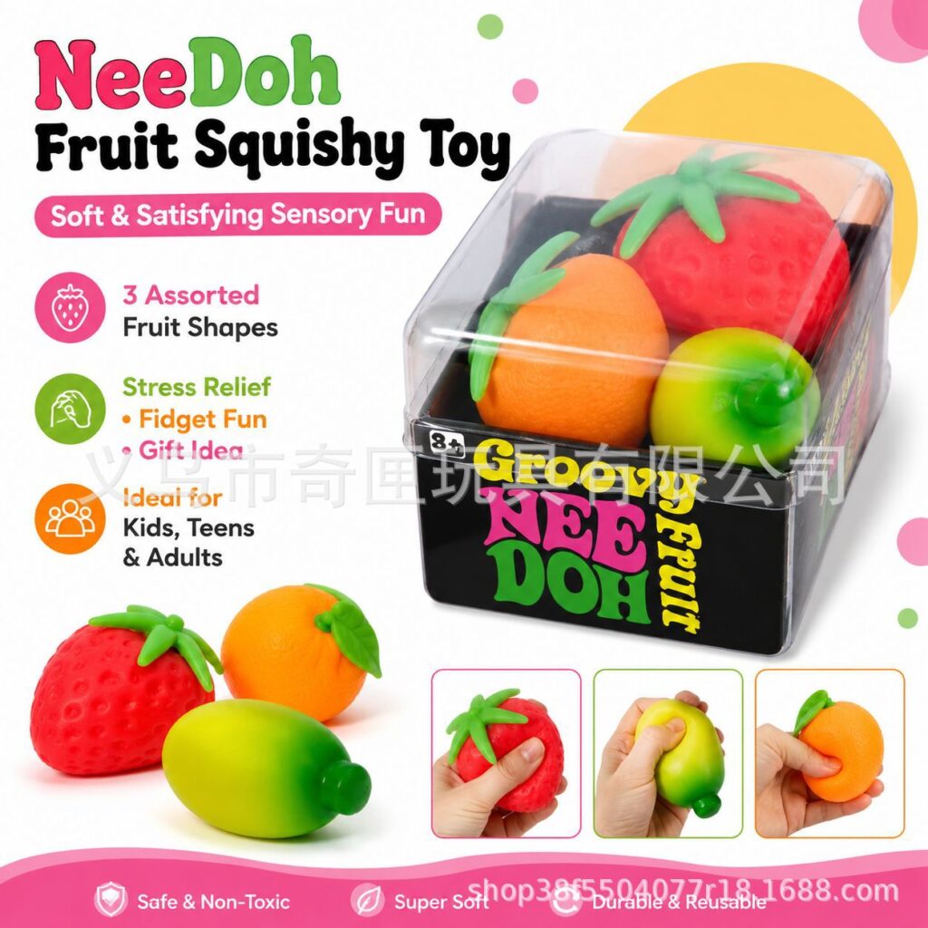Needoh Triple-Packed Fruit Party Playset - A Fun Toy for Stress Relief with Slow Recovery Sensory Compression on Fingertips - Flour Powder