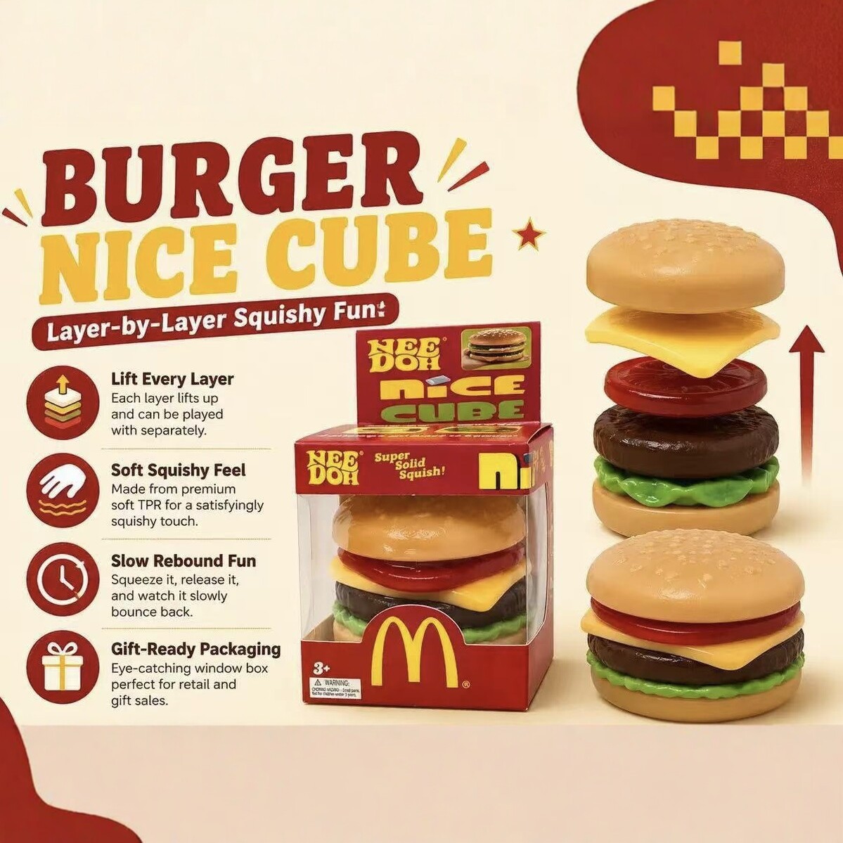 Hot-selling NeeDoh McDonald's hamburger squishy toy with gentle rebound and TPR (thermal plastic reactive) pressure relief feature.
