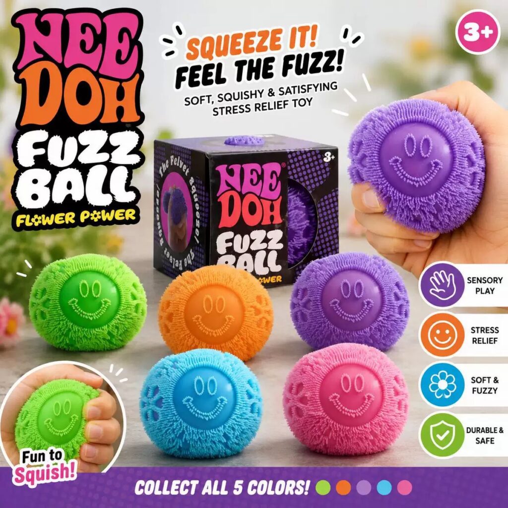 New model Needoh maltose squeeze toy - a soft plush ball with slow rebound feature, perfect for relieving stress and is portable for use at work. Stress relief gadget.