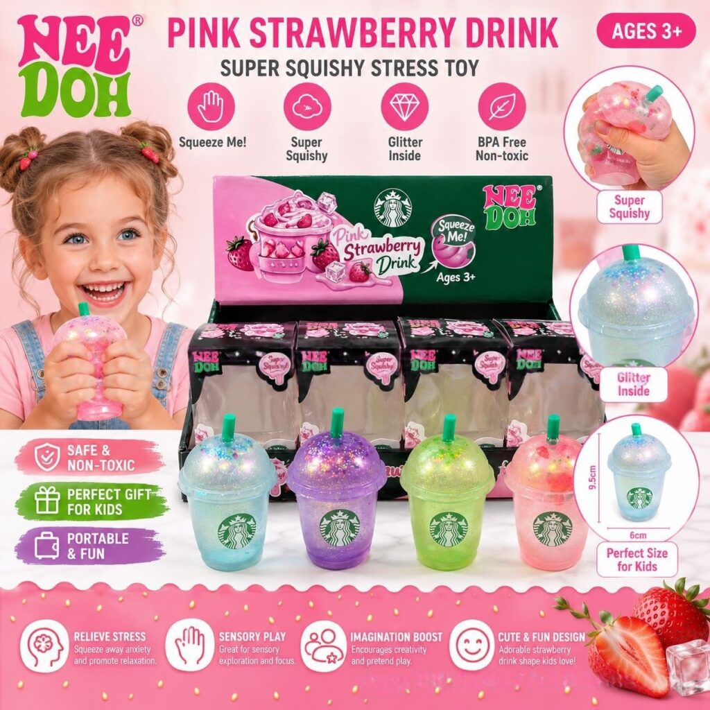 Best-selling transparent-shell milk tea cup from Starbucks Needoh malt sugar squeeze toy with soft rebounding feature for stress relief.