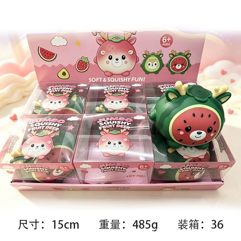 Jumbo Fruit Deer Squishy Fidget Toy, 15cm Flour Filled Watermelon Deer Stress Relief Squeeze Toy