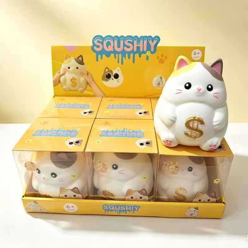 Chubby Fortune Cat Squishy Fidget Toy, Flour Filled Money Cat Stress Relief Squeeze Toy