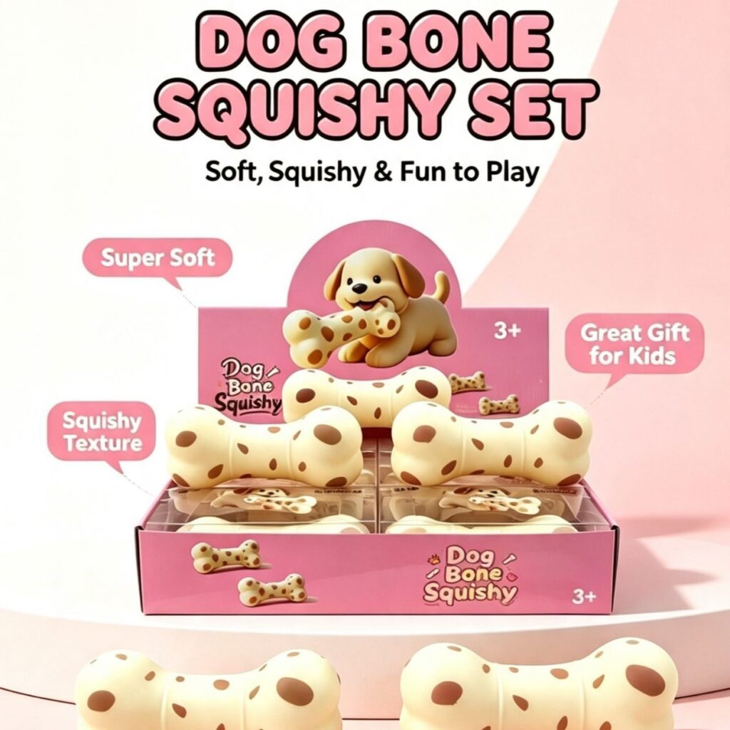 Dog Bone Squishy Fidget Toy, Flour Filled Spotted Bone Stress Relief Squeeze Toy for Kids