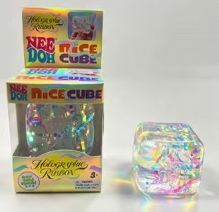 Needoh Holographic Rainbow Cube Squeeze Fidget Toy, Clear Glitter Gel Square Squish Toy, Shiny Sensory Stress Relief Decompression Gift