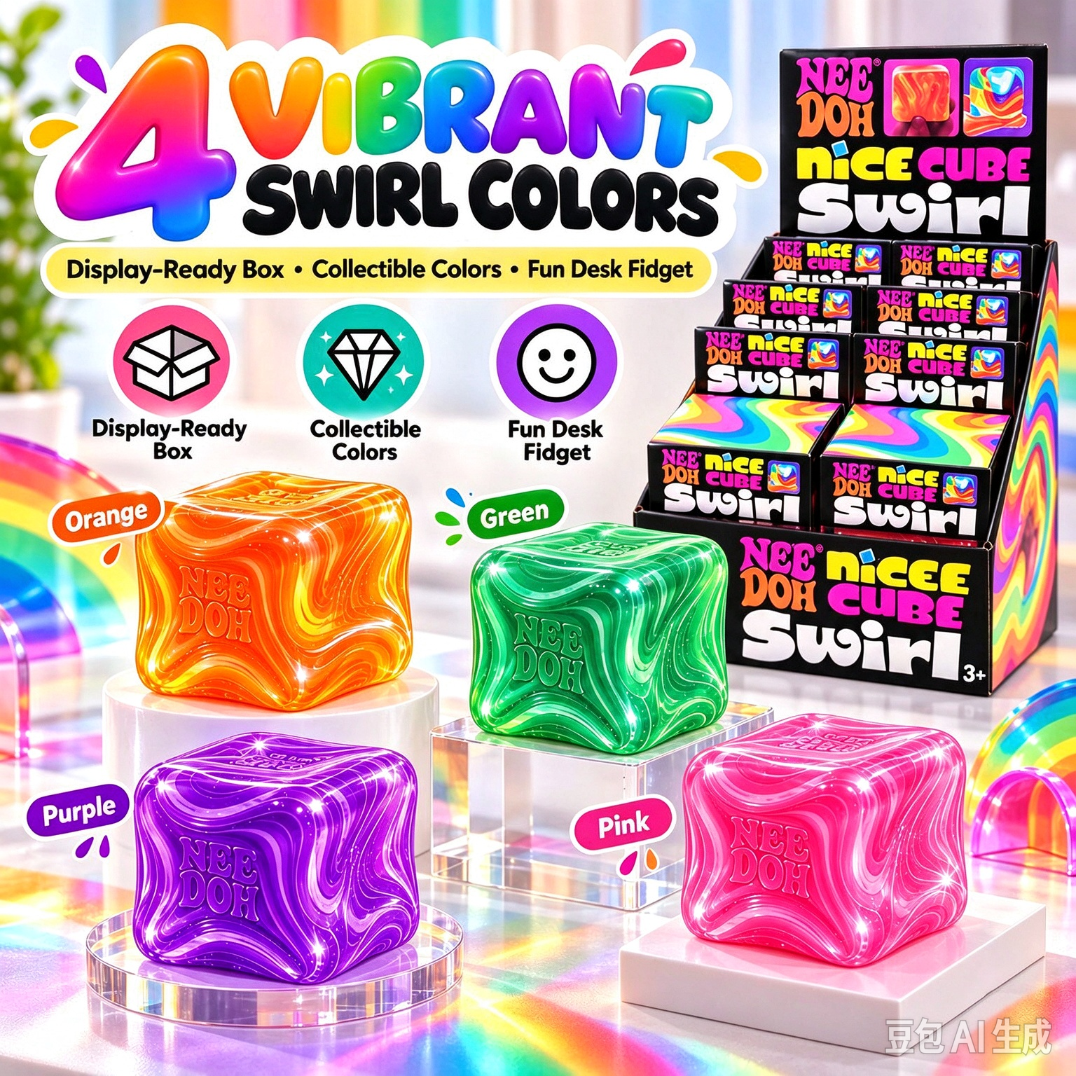 NeeDoh Nice Cube Swirl Squishy Cube, Marble Swirl Stress Relief Squeeze Fidget Toy, Viral TikTok Sensory Squish Cube for Kids Adults Anxiety Relief