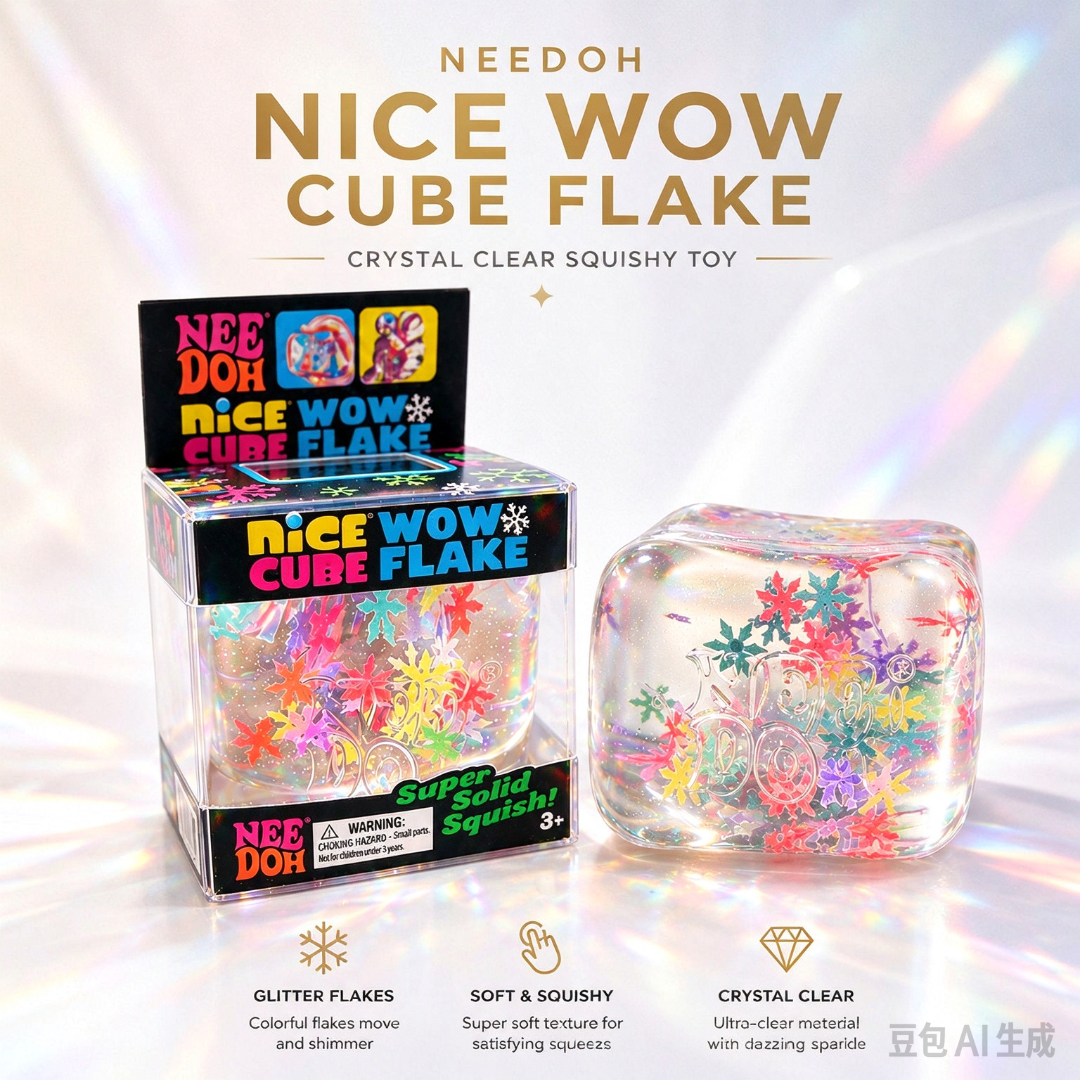NeeDoh Nice Wow Cube Flake, Crystal Clear Squishy Cube with Colorful Floating Snowflake Flakes, Super Solid Squish, Sparkle Shimmer Stress Relief Sensory Fidget Toy for Kids Adults