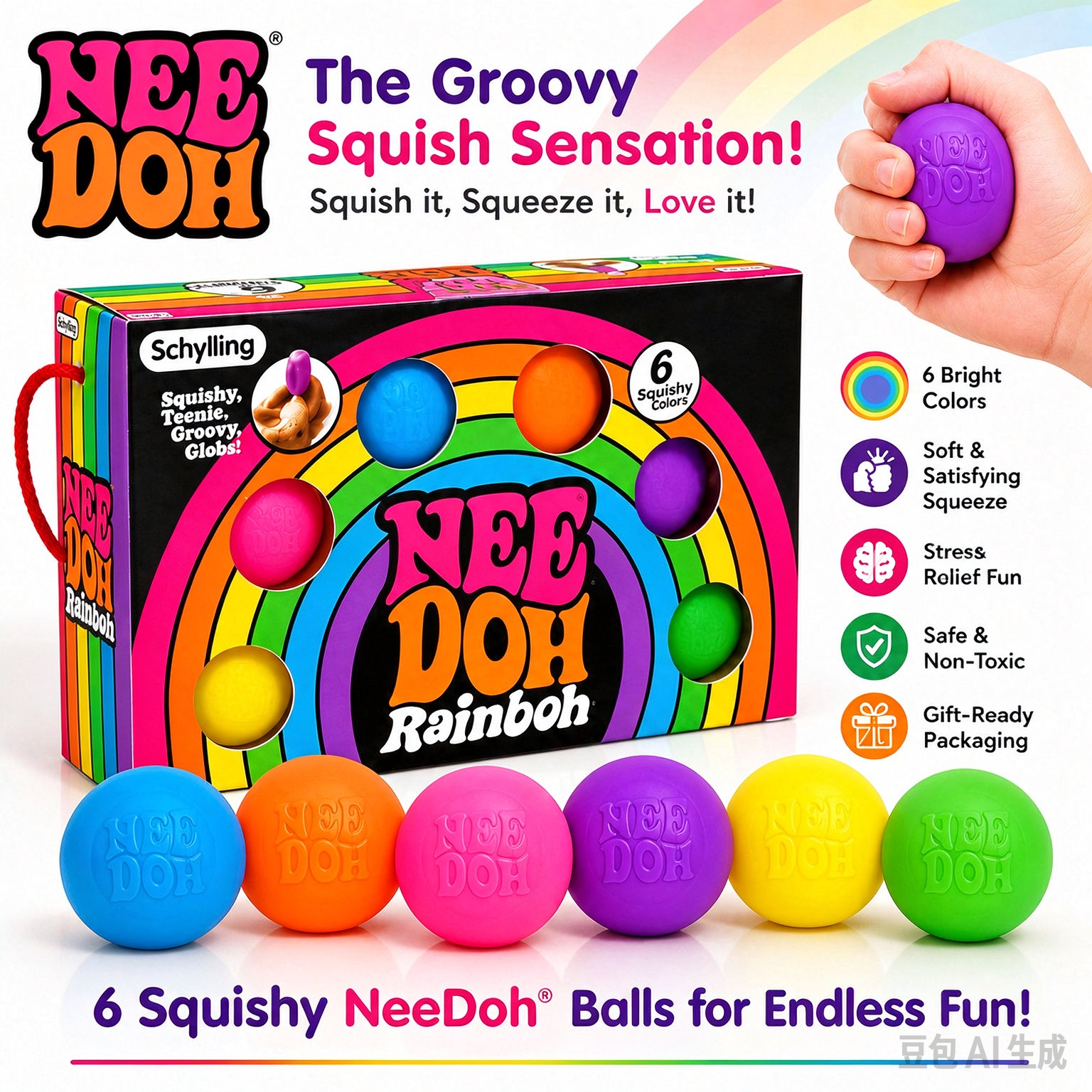 NeeDoh Rainboh Squish Ball 6 Pack Rainbow Soft Squeeze Stress Relief Fidget Ball Groovy Squish Sensory Toy for Kids Adults
