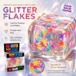 NeeDoh Nice Wow Cube Flake, Crystal Clear Squishy Cube with Colorful Floating Snowflake Flakes, Super Solid Squish, Sparkle Shimmer Stress Relief Sensory Fidget Toy for Kids Adults view 4