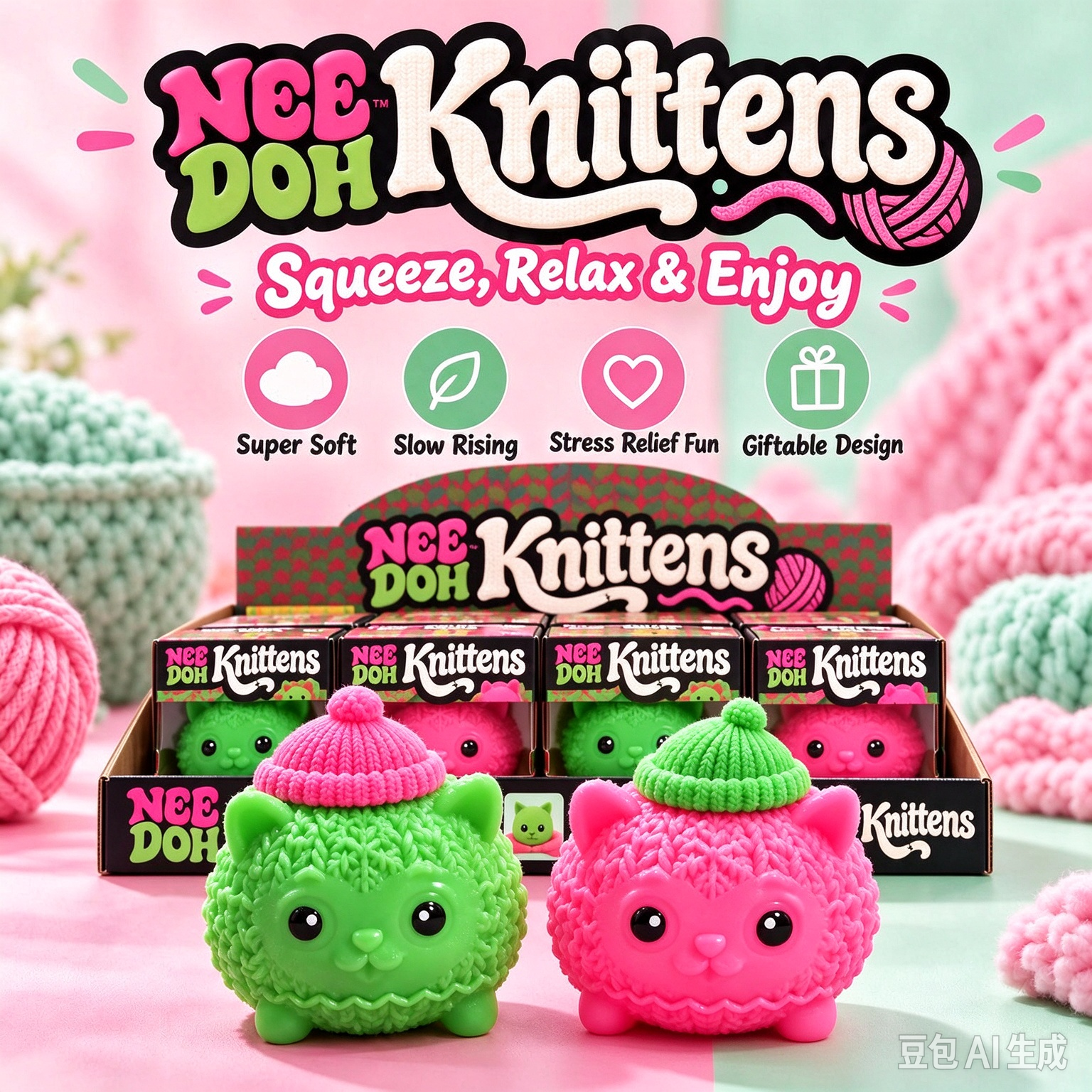 NeeDoh Knittens Squeeze Toy, Cute Knit Look Kitten Squishy with Beanie Hat, Slow Rising Super Soft Stress Relief Sensory Fidget Toy, Gitable Animal Squish Gift for Kids Adults