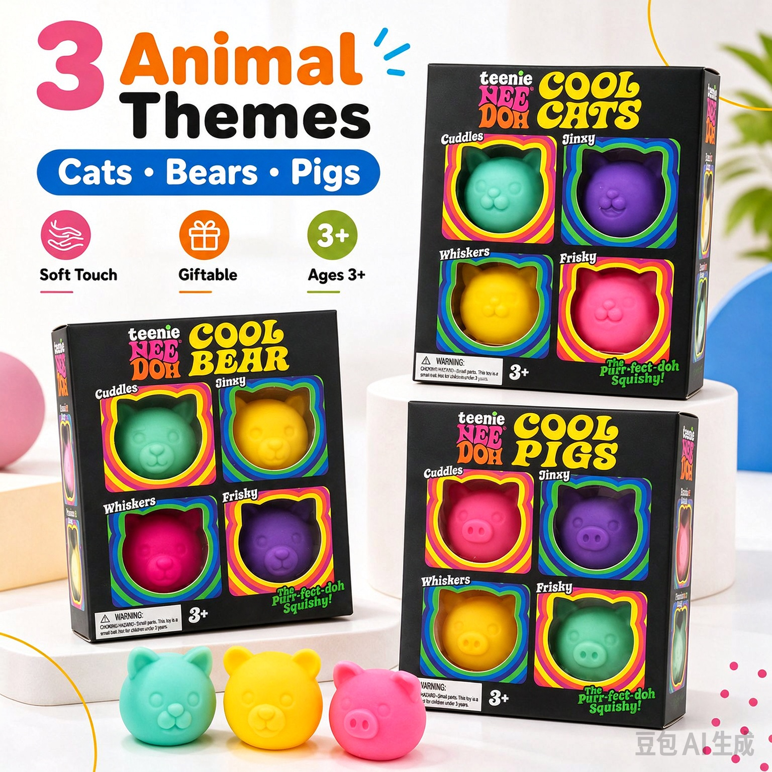 Teenie NeeDoh Cool Cats Bears Pigs Squish Set 4 Pack Cute Animal Head Soft Doh Squeeze Toy Stress Relief Sensory Fidget Toy Gift Box