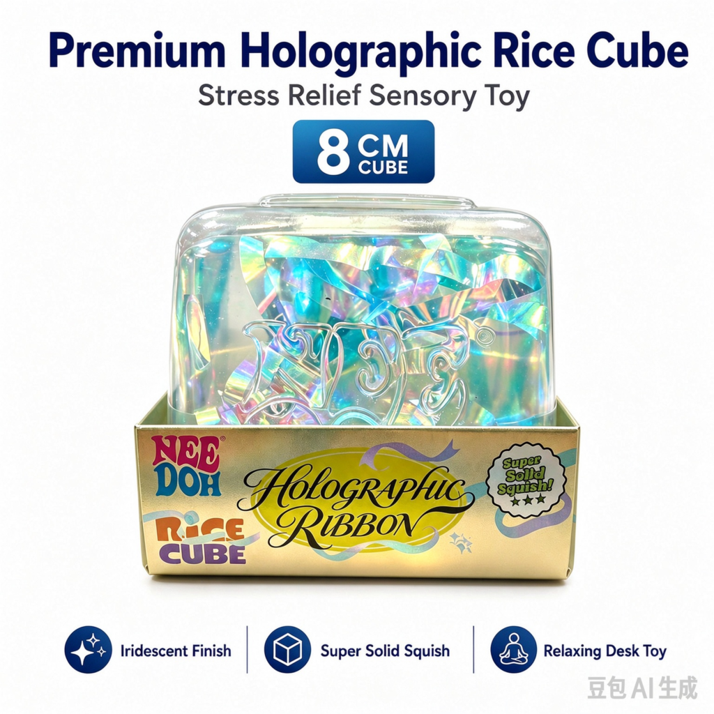 NeeDoh 8cm Holographic Ribbon Cube Iridescent Shine Crystal Clear Squishy Cube Super Solid Squish Squeeze Stress Relief Sensory Fidget Toy