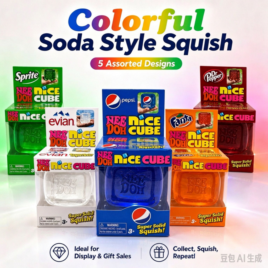 NeeDoh Nice Cube Soda Style Squish, Assorted Drink Logo Transparent Maltose Gel Squeeze Cube, Viral TikTok Stress Relief Fidget Sensory Toy, Super Solid Squish for Collection Gift