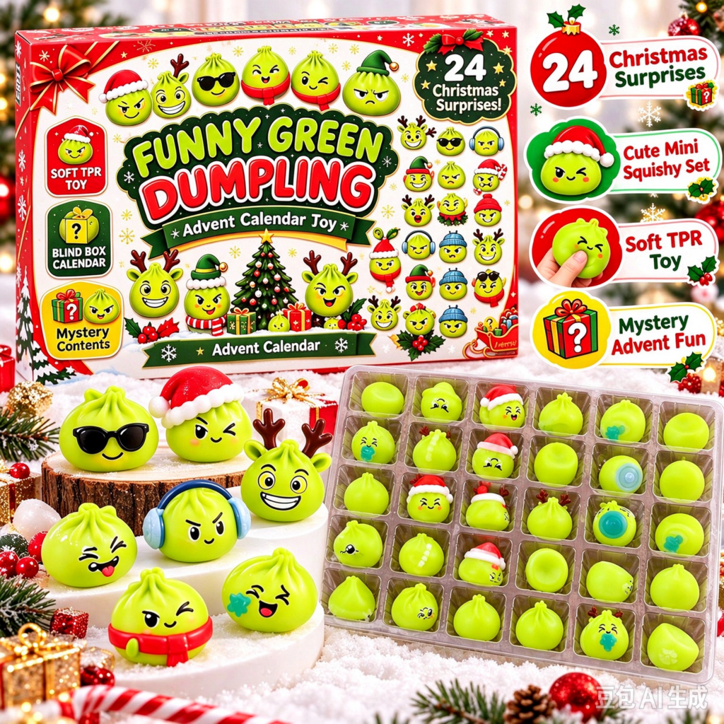 Christmas Dumpling Advent Calendar 24 Days Surprise Grinch Dumpling Squishy Toy TPR Squeeze Stress Relief Fidget Toy Christmas Countdown Blind Box Gift for Kids