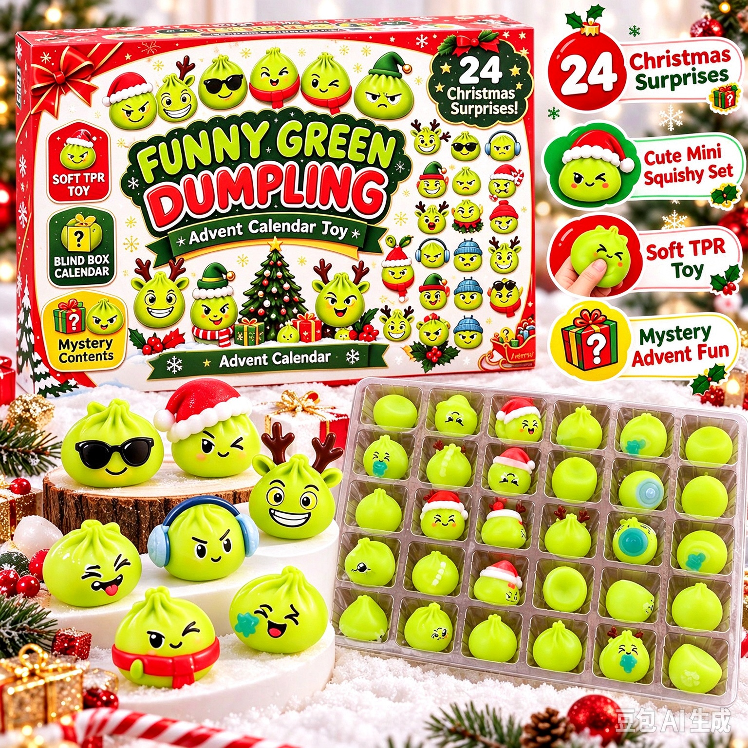 Christmas Dumpling Advent Calendar 24 Days Surprise Grinch Dumpling Squishy Toy TPR Squeeze Stress Relief Fidget Toy Christmas Countdown Blind Box Gift for Kids