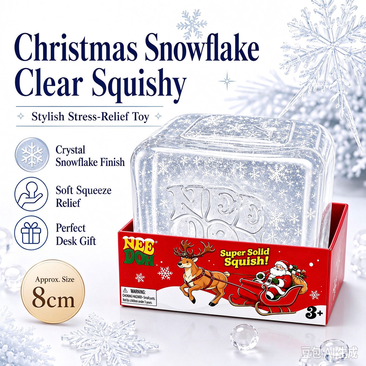 NeeDoh Nice Cube Christmas Snowflake Clear Squishy, Crystal Snowflake Transparent Squeeze Cube, Super Solid Squish Stress Relief Fidget Sensory Toy, Christmas Holiday Desk Gift for Kids Adults