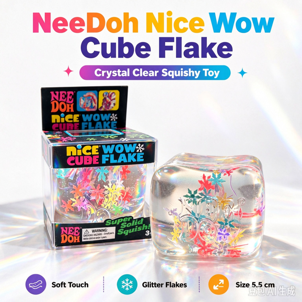NeeDoh Nice Wow Cube Flake Crystal Clear Squish Toy 5.5cm Snowflake Glitter Filled Cube Super Solid Squish Fidget Stress Relief Toy