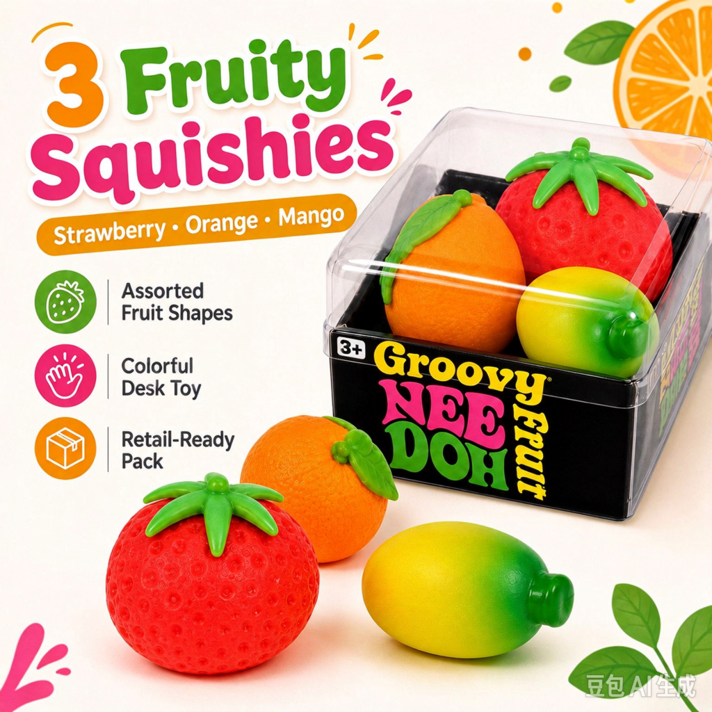 NeeDoh Groovy Fruit 3 Pack Fruity Squishies Strawberry Orange Mango Squeeze Toy Soft Fruit Shape Stress Relief Sensory Fidget Toy Retail Pack