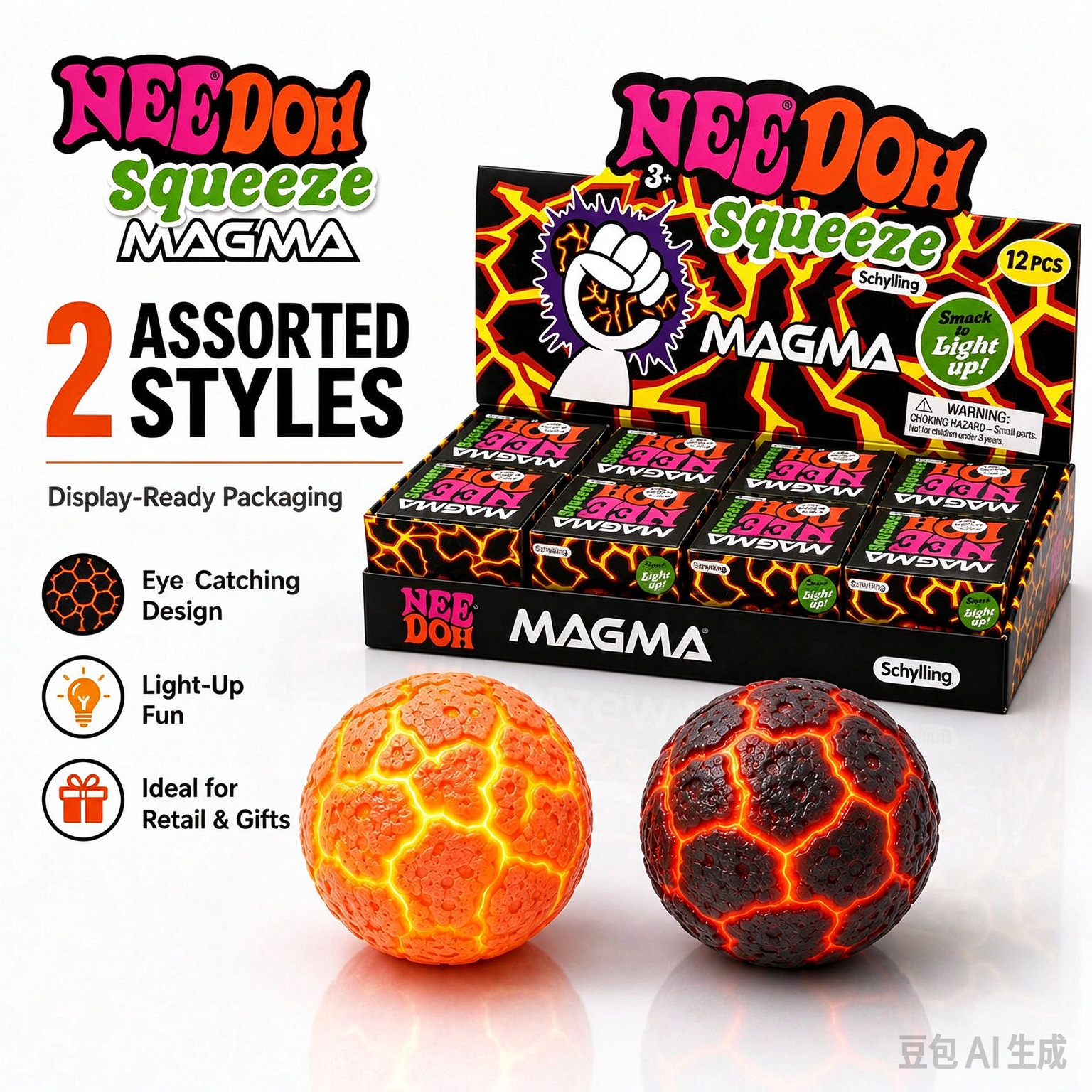 NeeDoh Magma Light Up Squeeze Ball, Lava Crack Texture Glowing LED Stress Relief Fidget Toy, Smack Light Up Sensory Squeeze Ball, 2 Assorted Styles for Retail Display & Gift