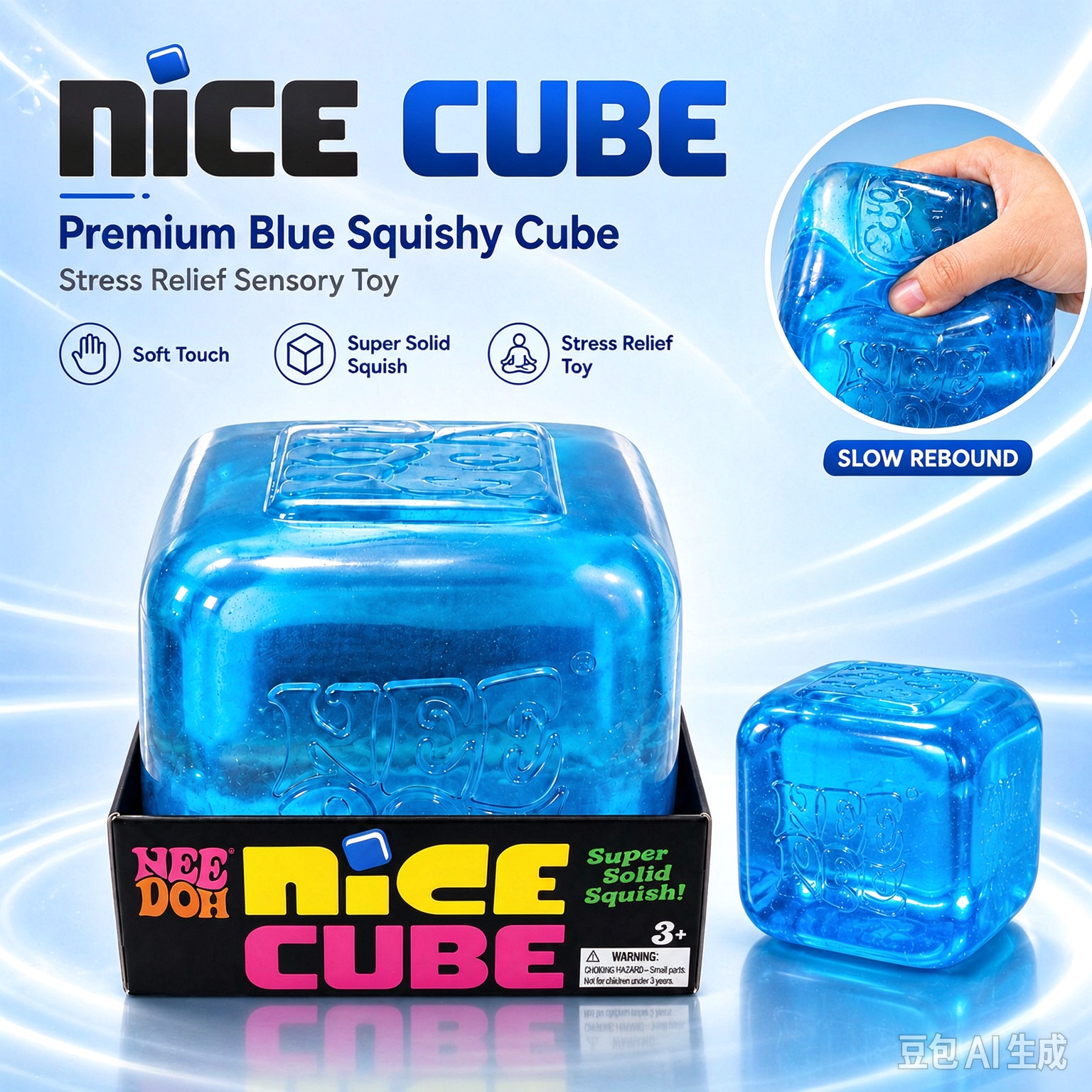 NeeDoh BigNice Cube Squishy Toy Transparent Clear Cube Super Solid Squish Slow Rebound Squeeze Stress Relief Sensory Fidget Toy